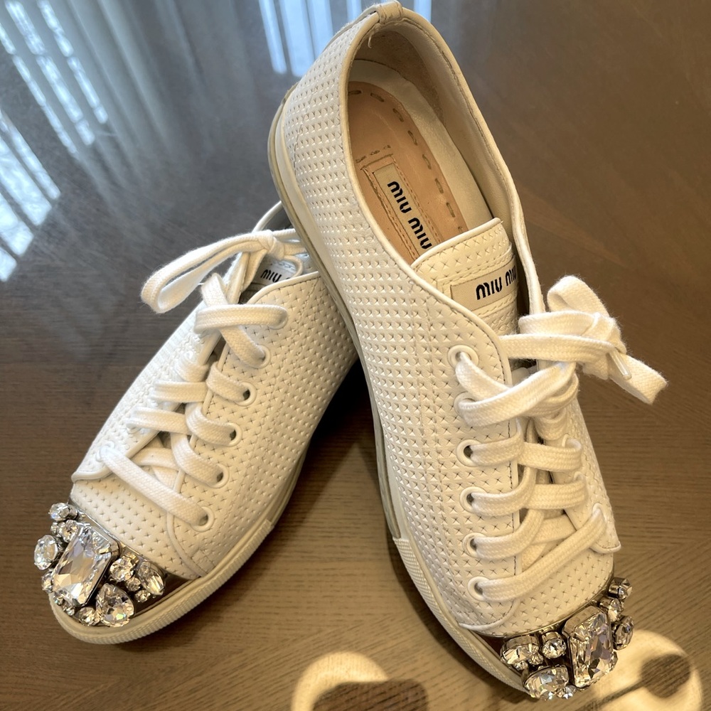 Miu Miu White Perforated Leather Crystal Embellished Cap Toe Sneakers